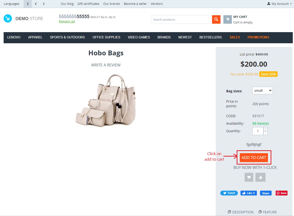 Add to cart button page