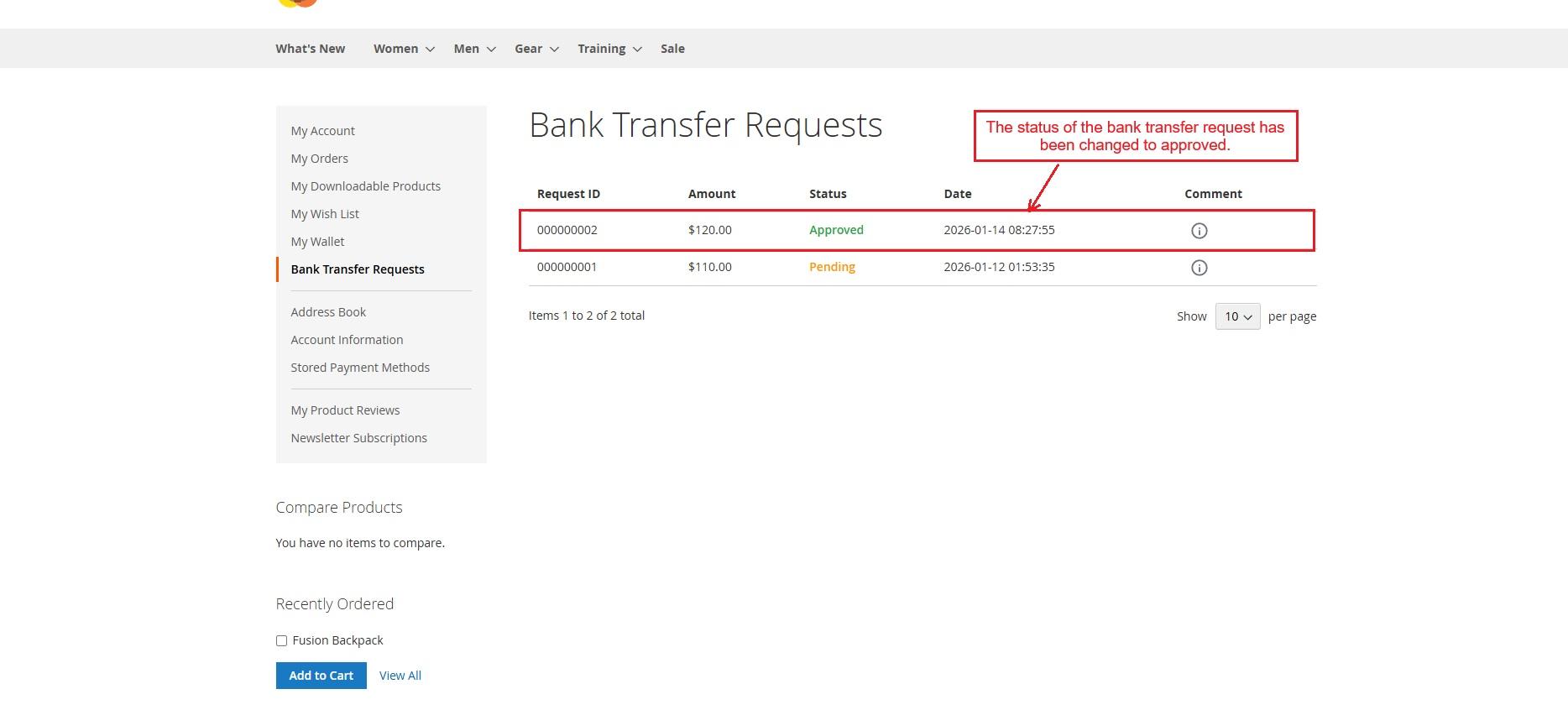 Bank transfer request with status