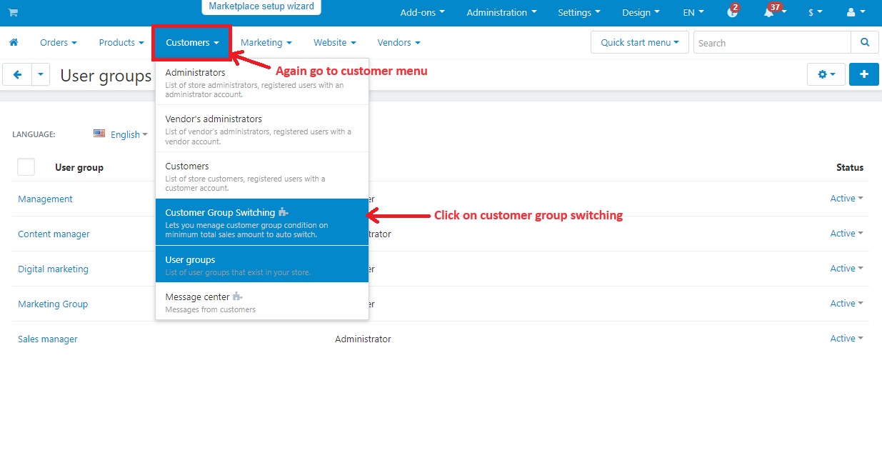 Customer group switching in customers menu