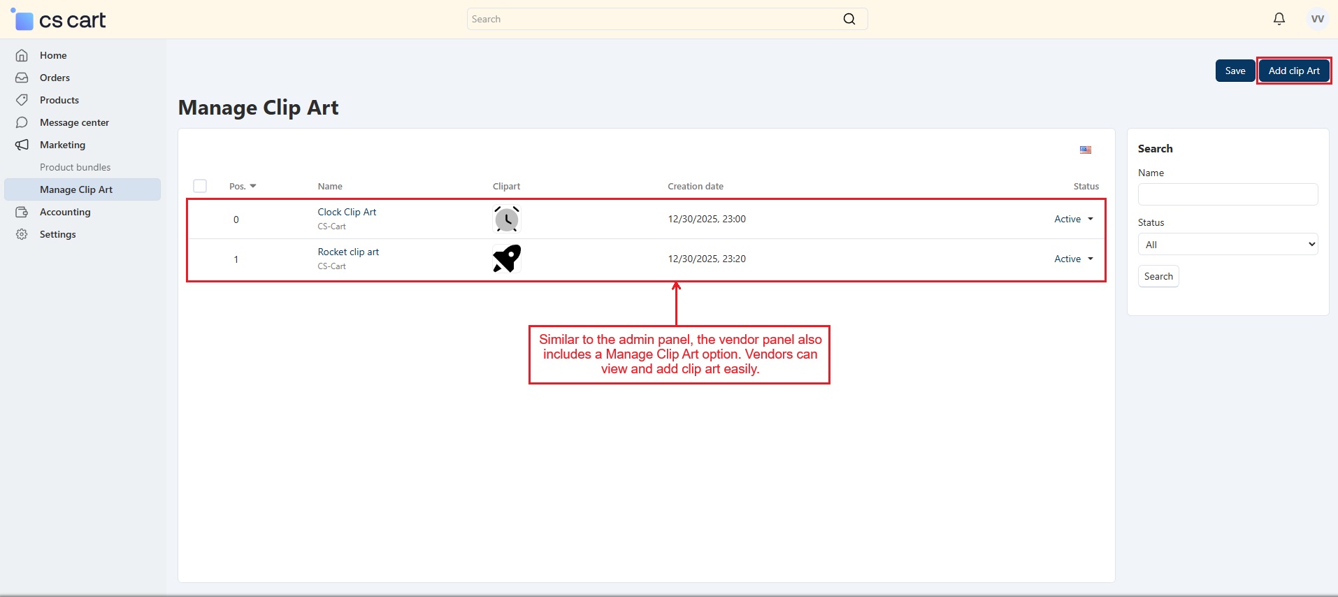 Manage Clip Art page