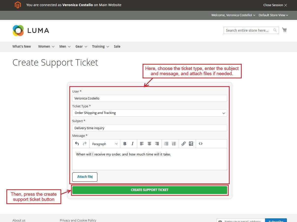 Support ticket on storefront