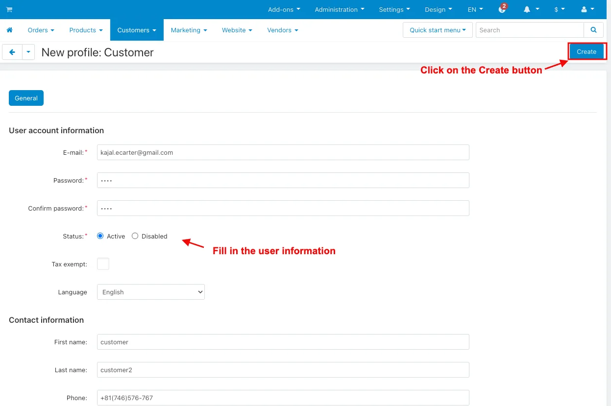 fill in the user information