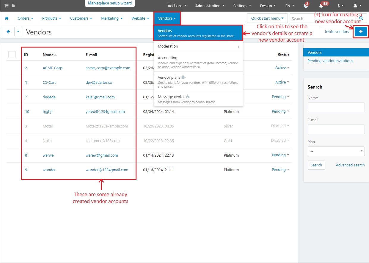 Vendor page within vendors