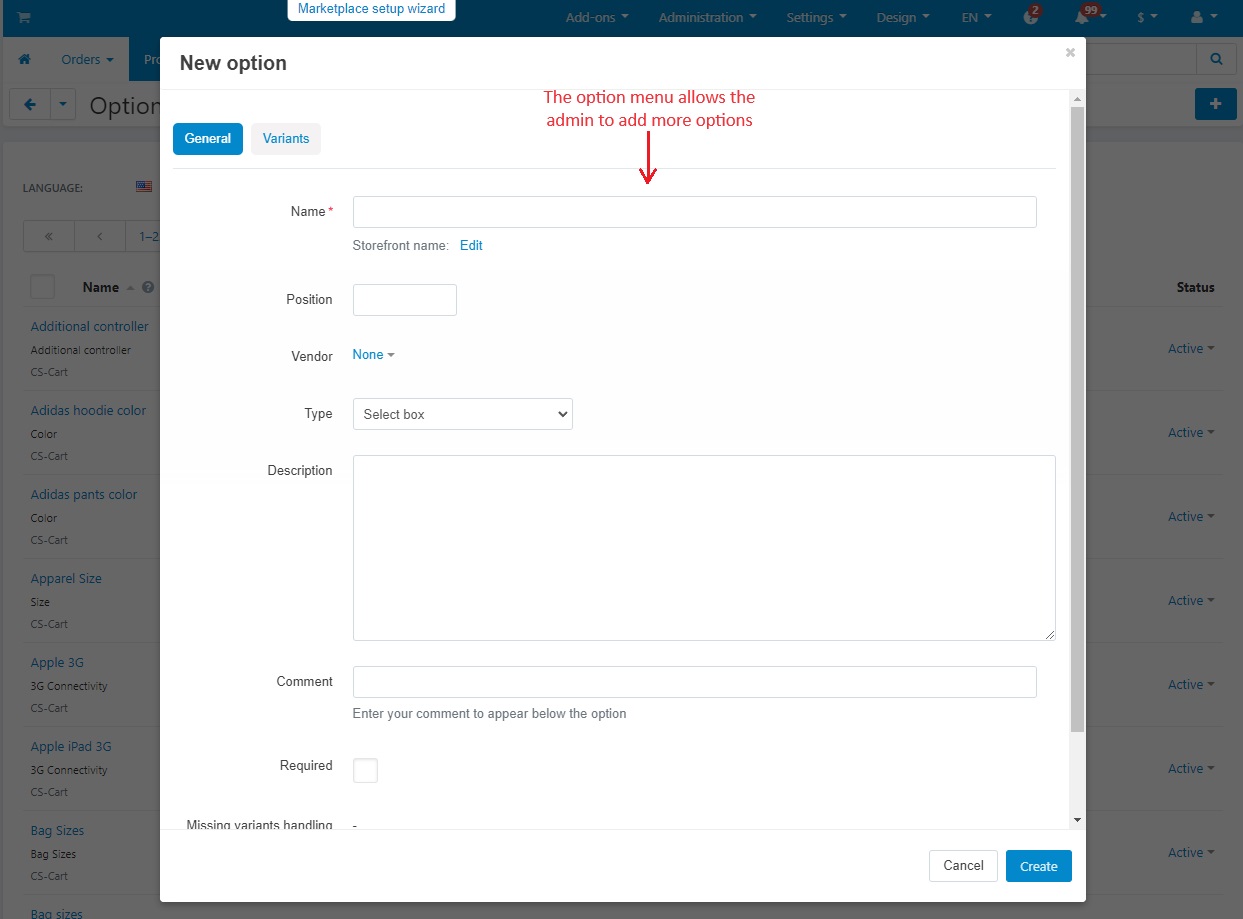 Option menu allows admin to add more options