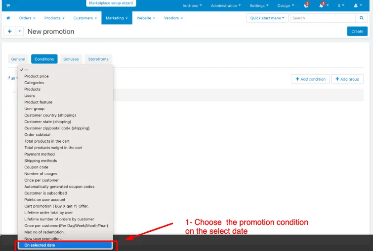 promotion condition selected date editing page