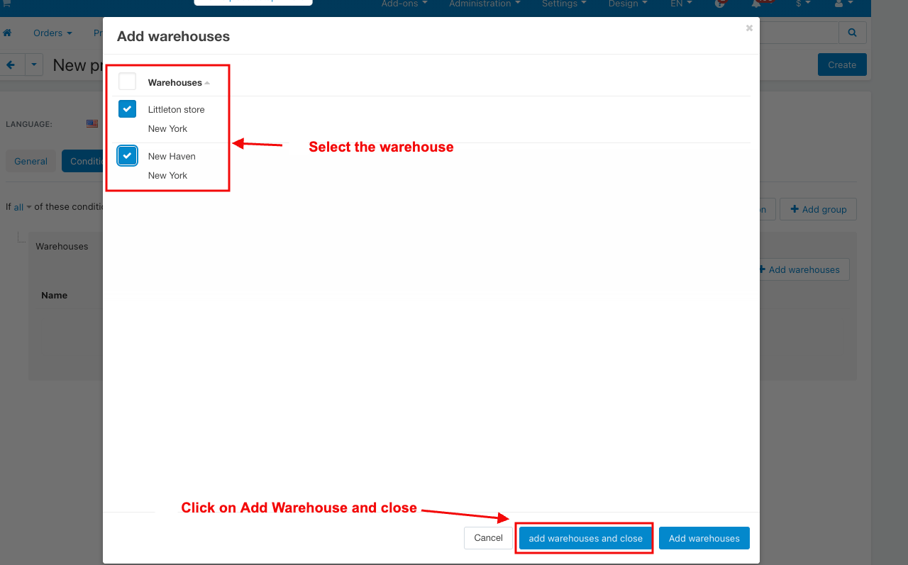 select the warehouse