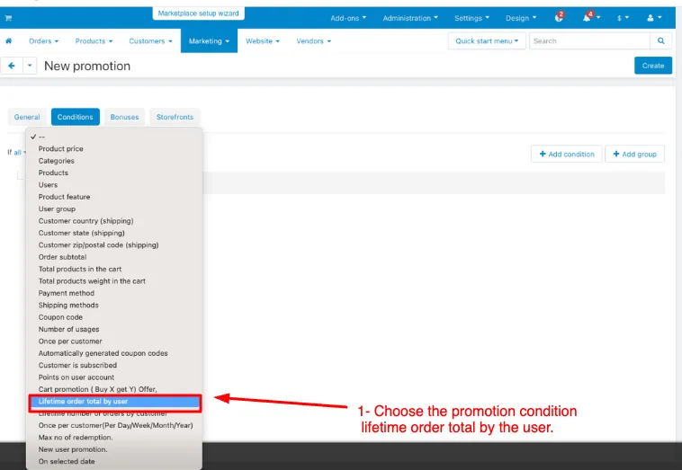 promotion condition editing page