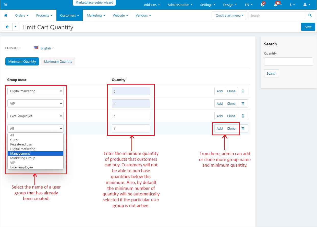 Fill the minimum quantity with group name and quantity