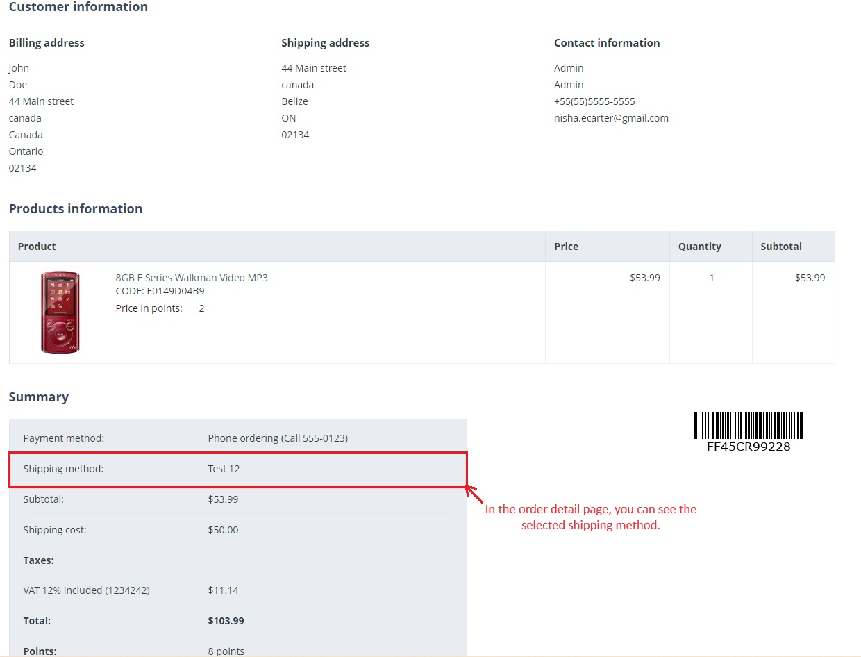 Order detail page allows you to see selected shipping method