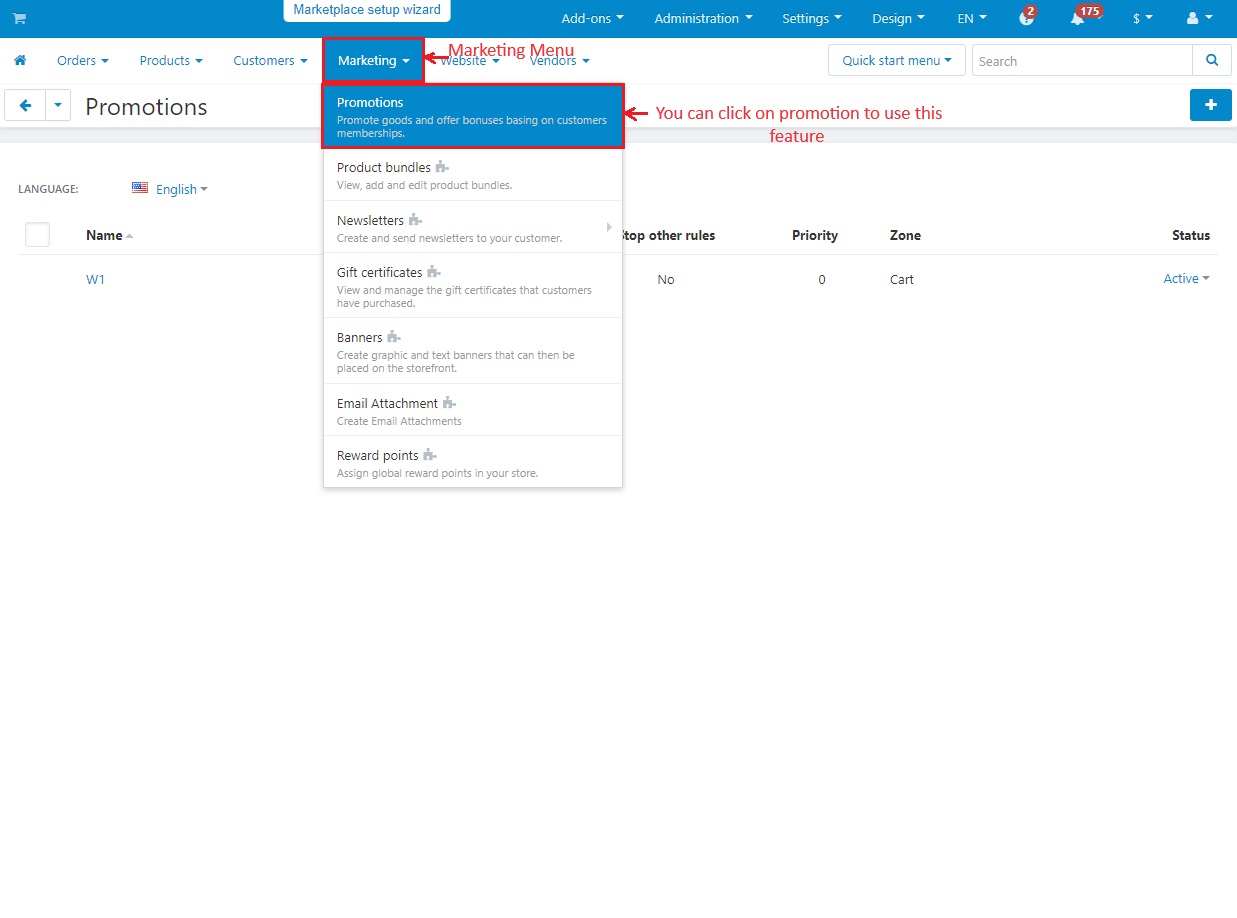 Promotions within Marketing menu