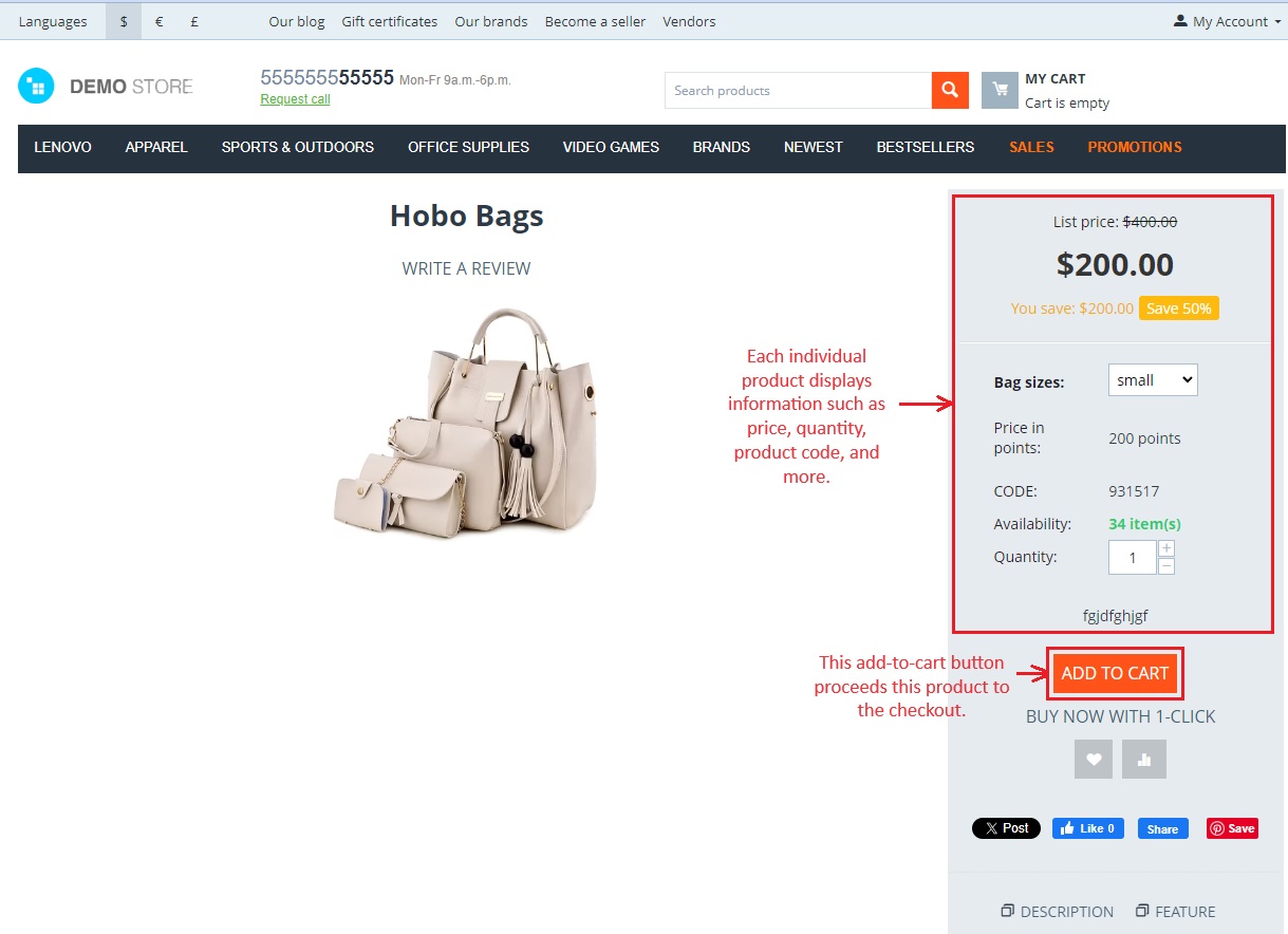 Individual product with add to cart button