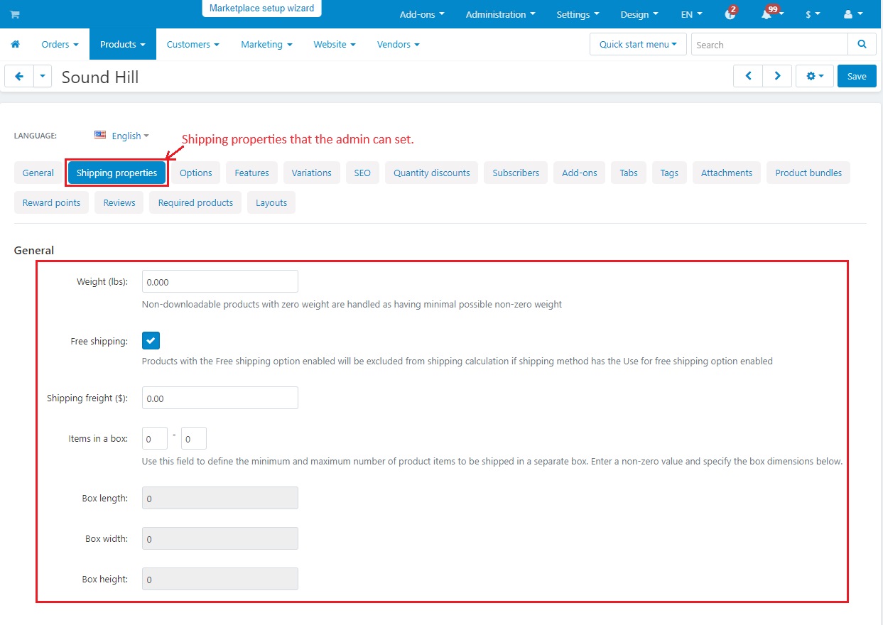 Shipping properties admin can set