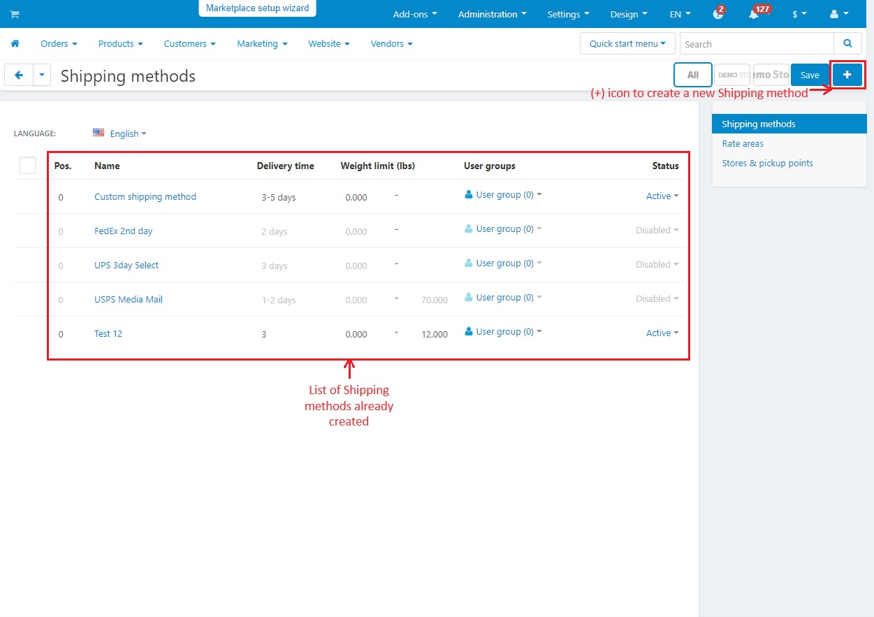 List of already created shipping methods