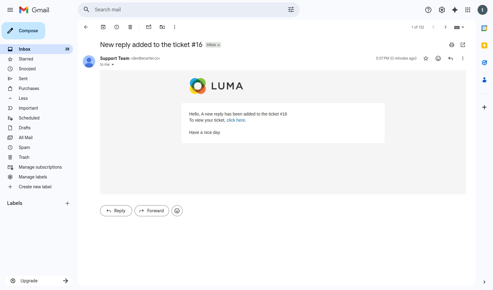 Support ticket email page
