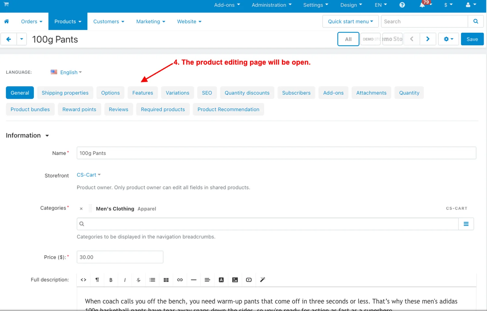 admin selects the product name