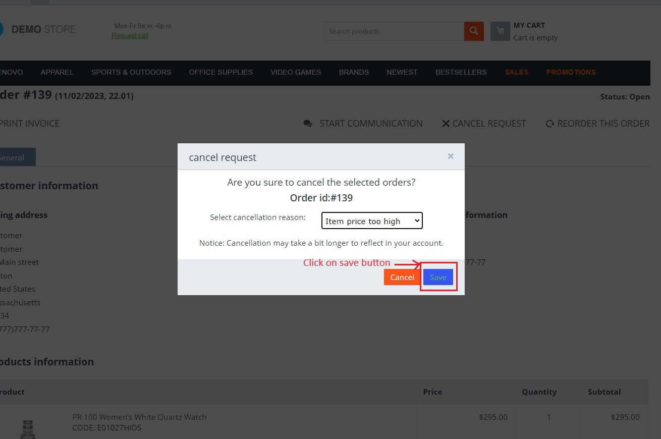 Cancel order pop window