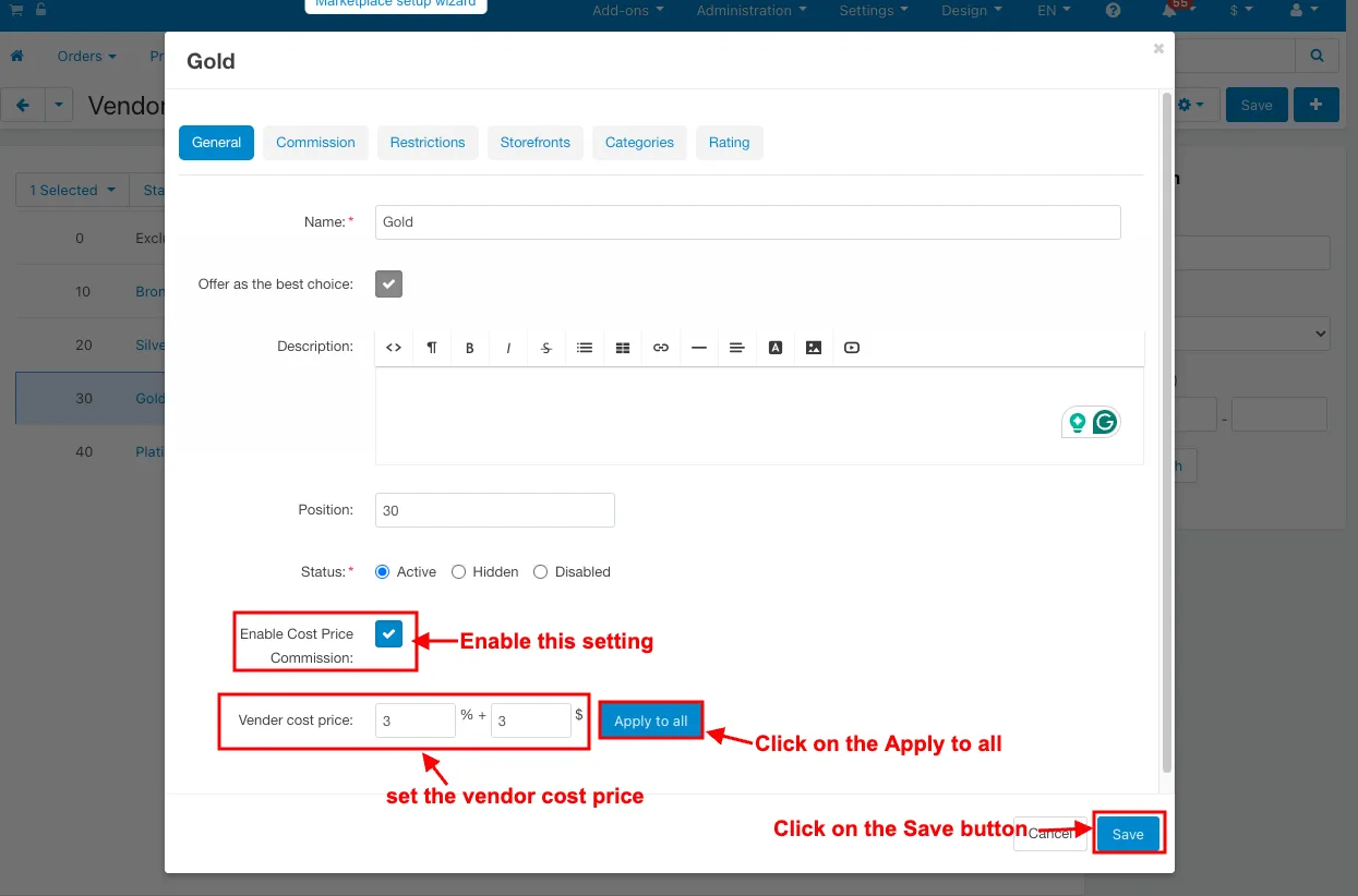 Set the vendor cost price page