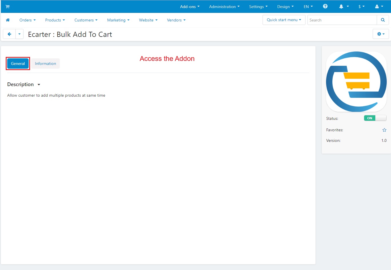 Addon Access page