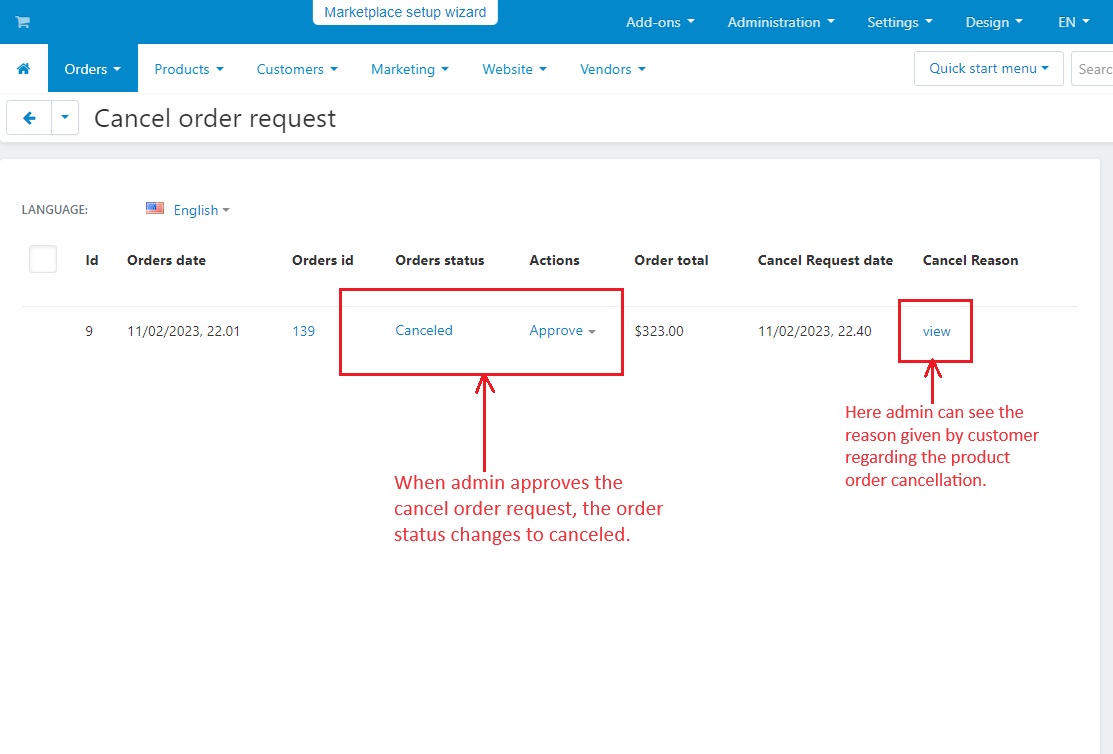 Changed order status to cancel