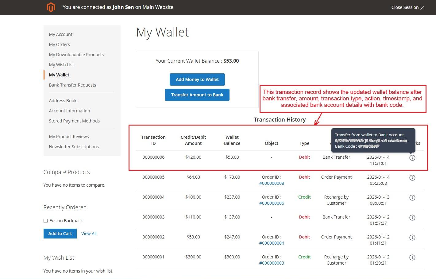 Transfer from wallet to bank account