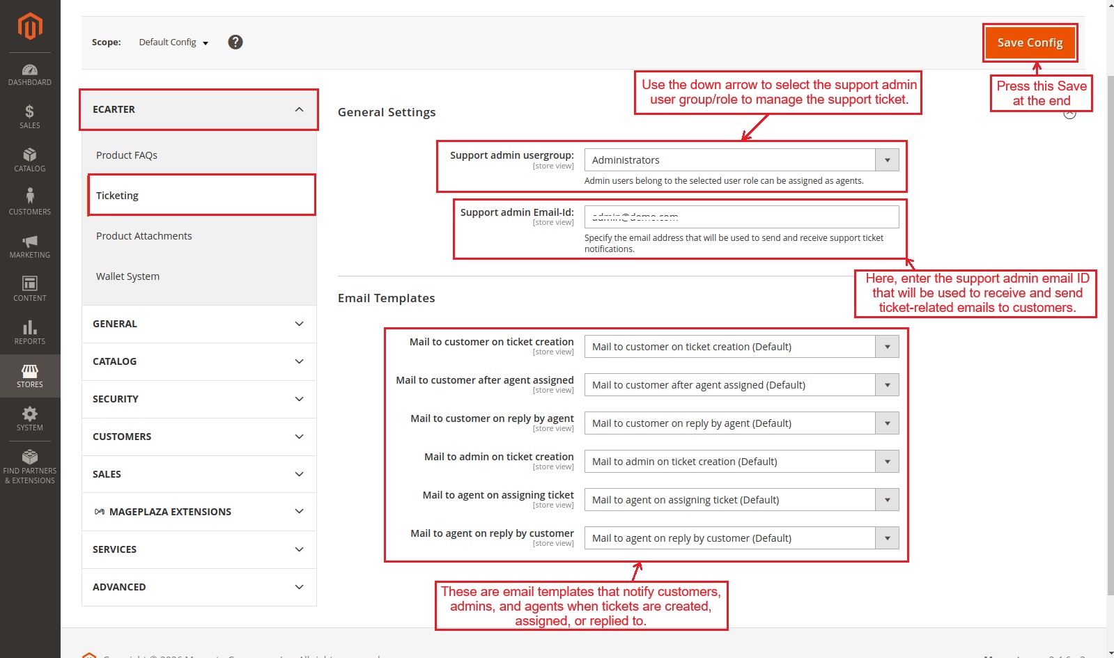 Ticketing system main configuration page