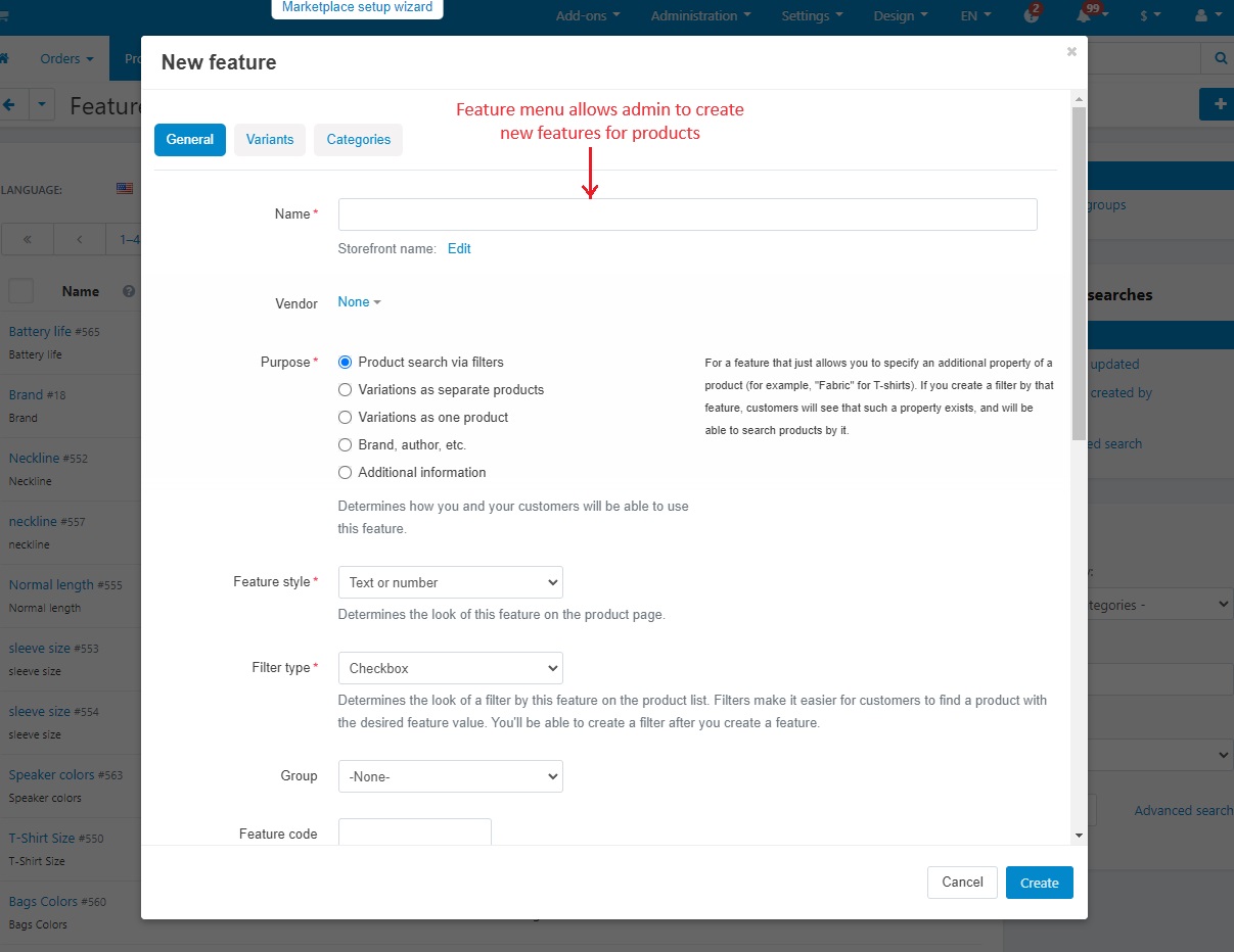 Feature menu allows admin to create new feature