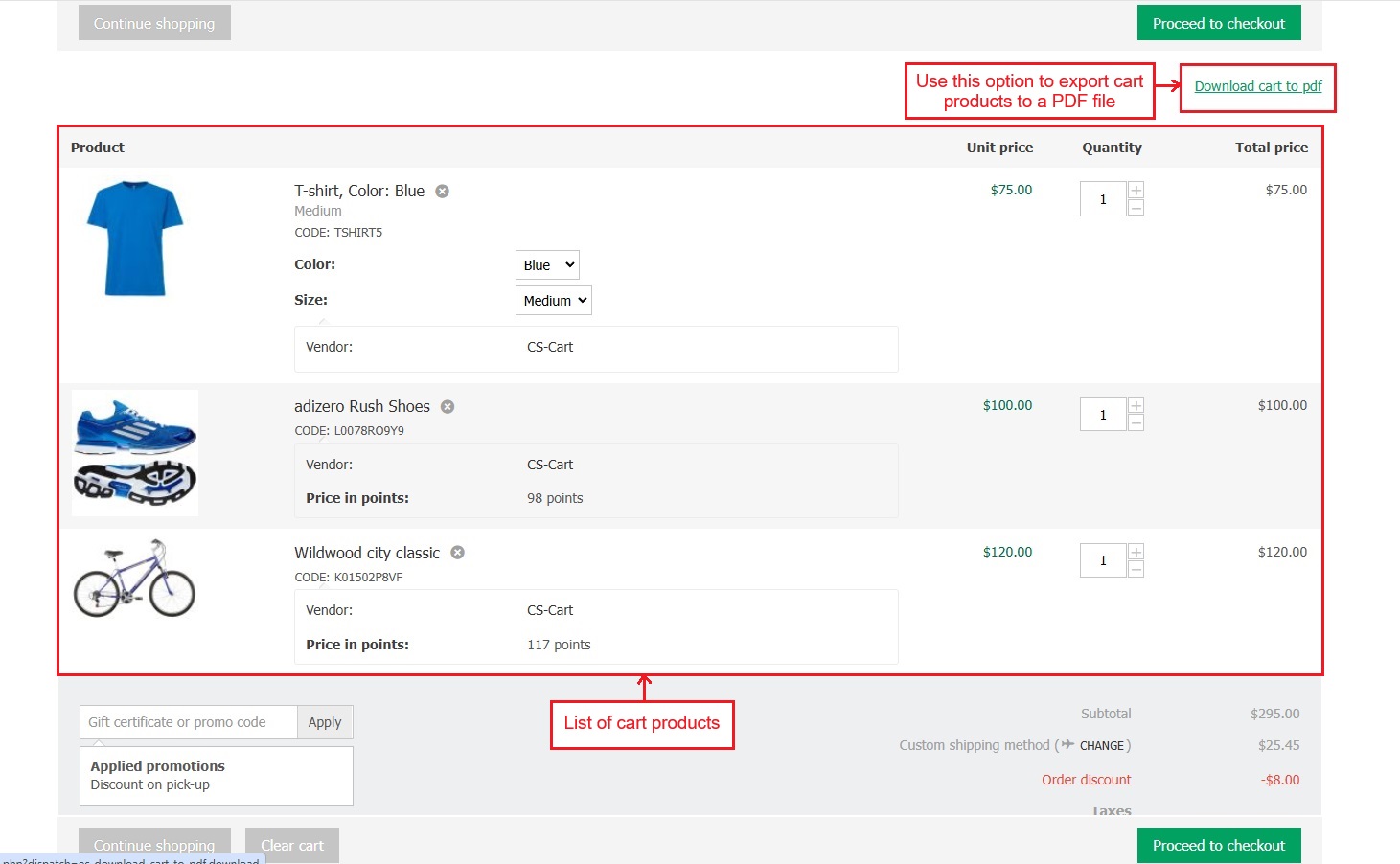 Download cart to pdf option