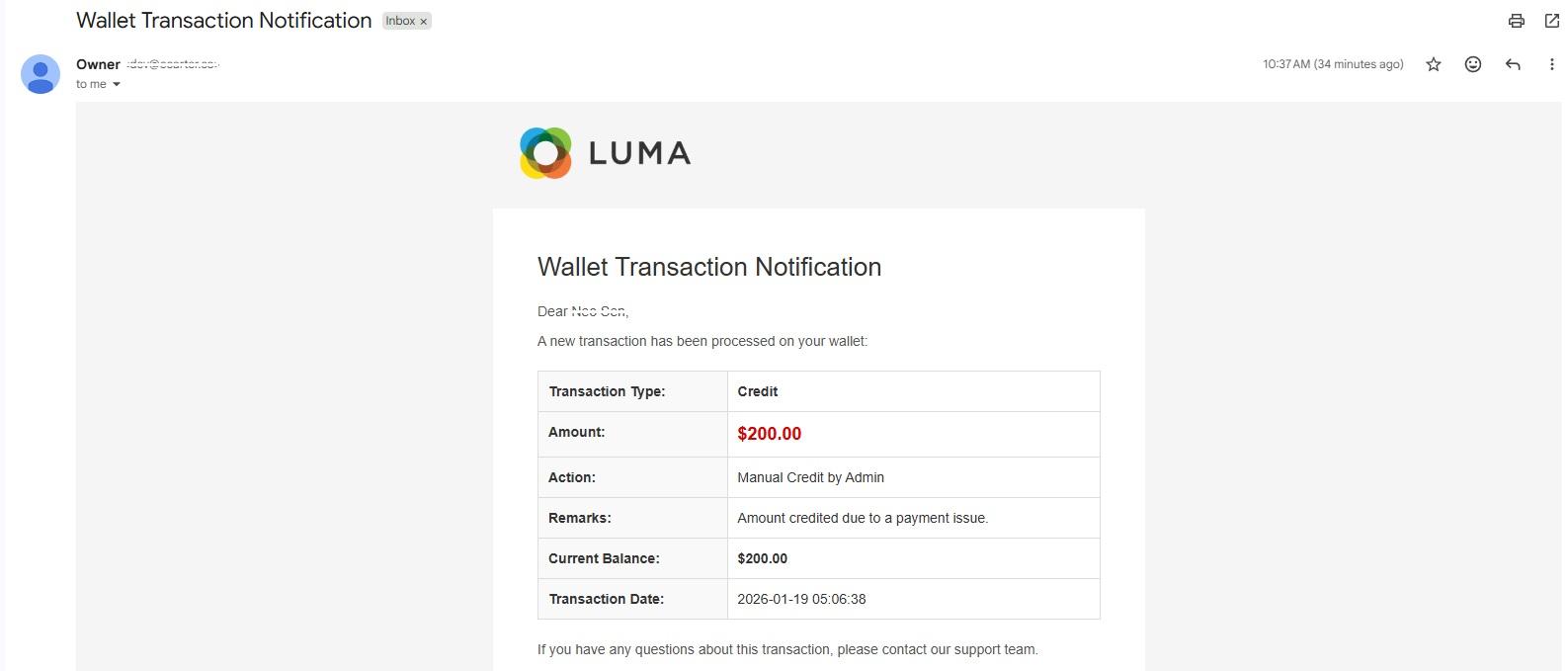 Walley transactions email notification