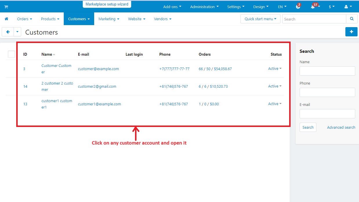 List of Customer account