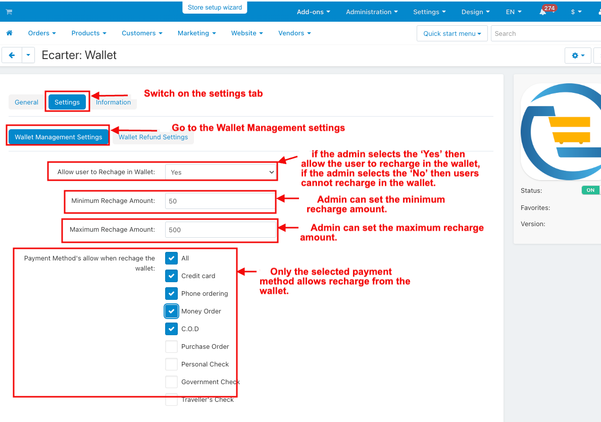Main settings of wallet addon