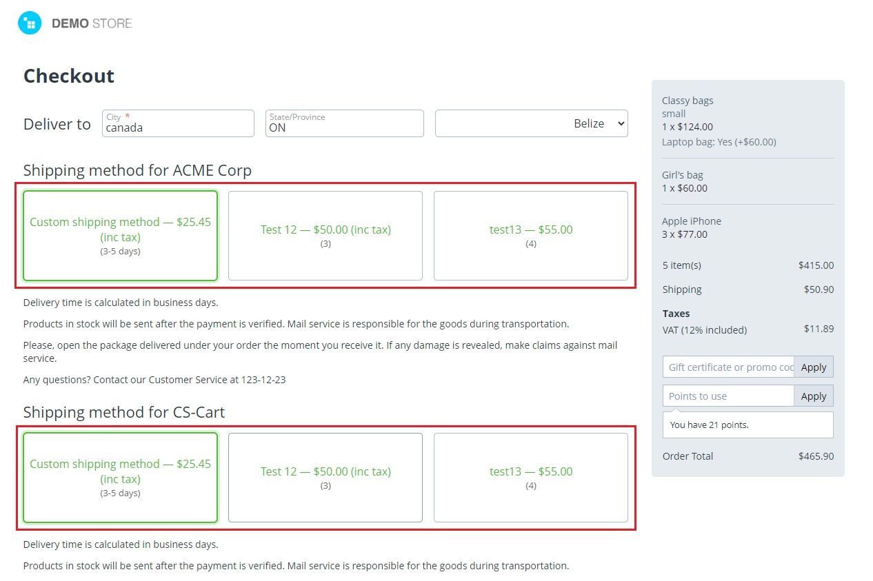 Shipping method for selected vendor