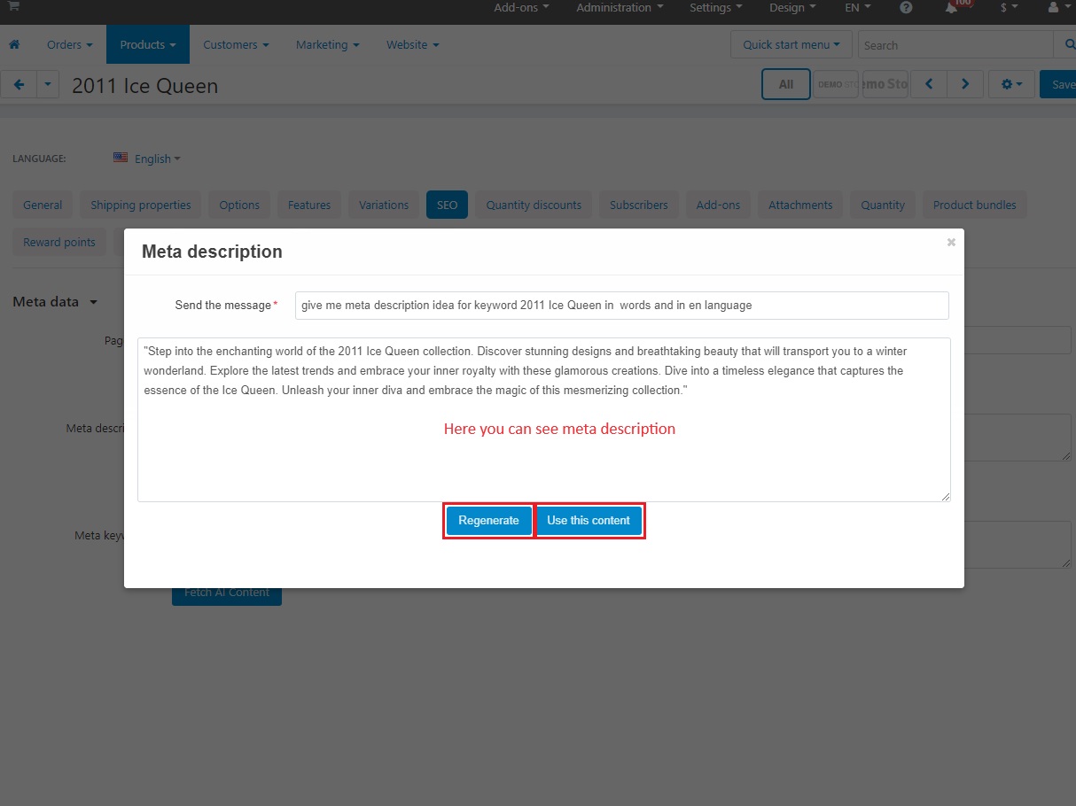 meta description Regenerate and Use this content button