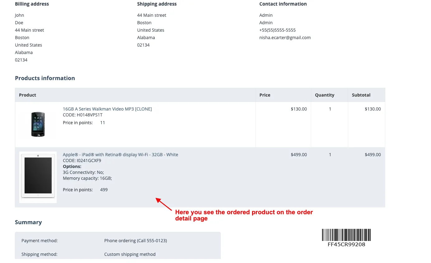 ordered product on the order detail page
