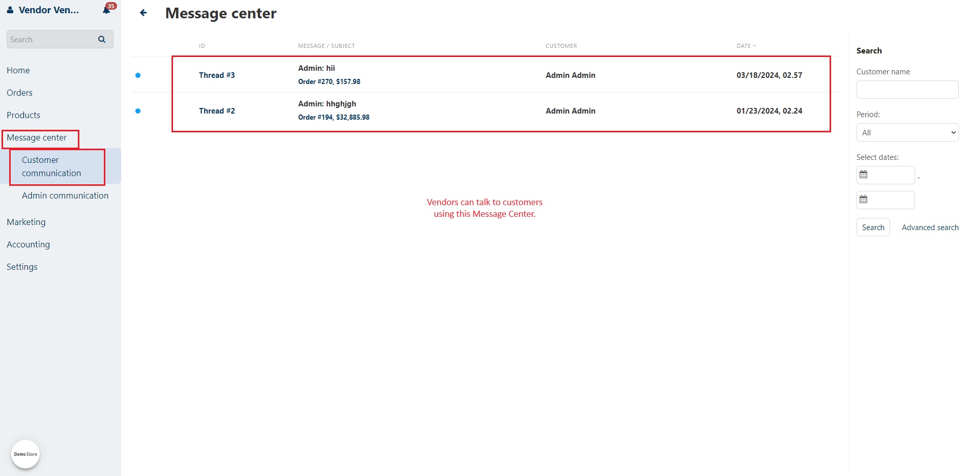 Message center for customer and vendor