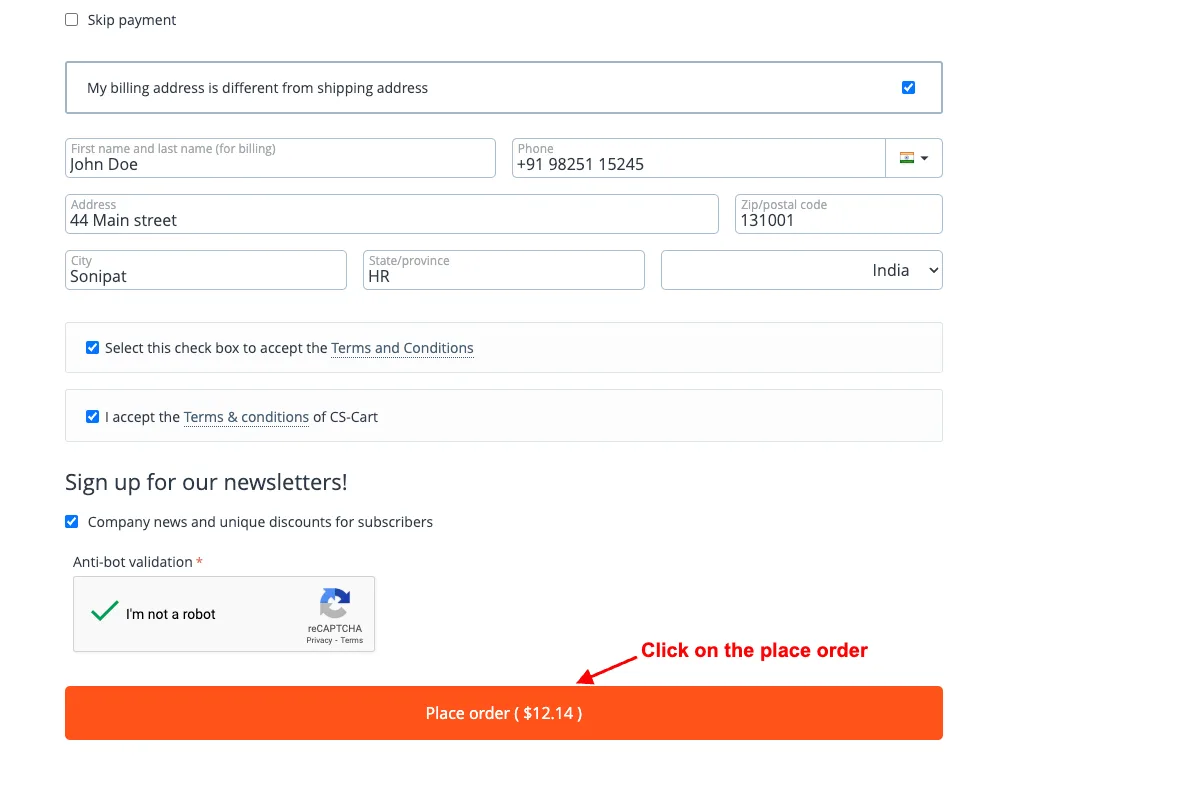 Place order page