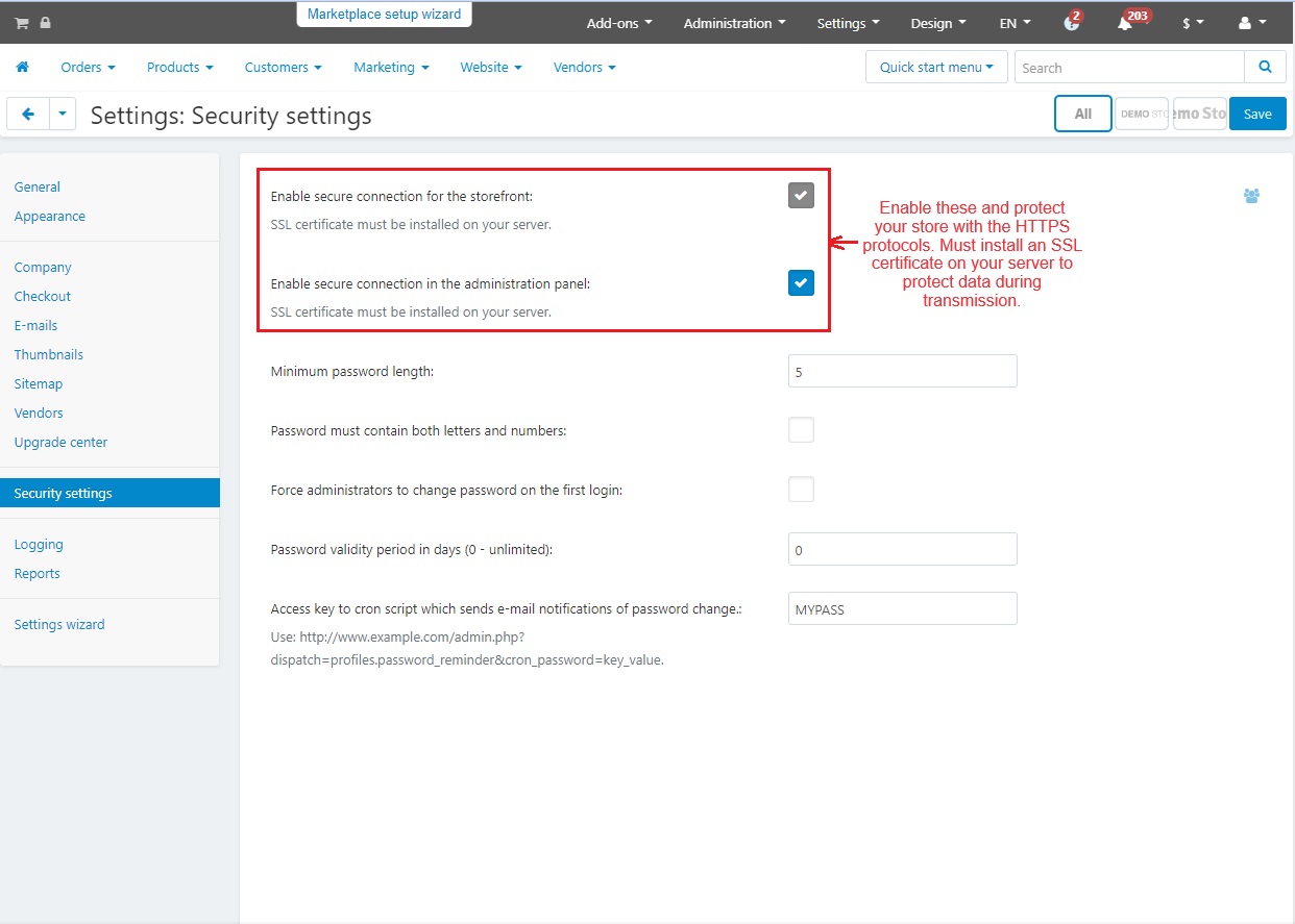 Security settings page
