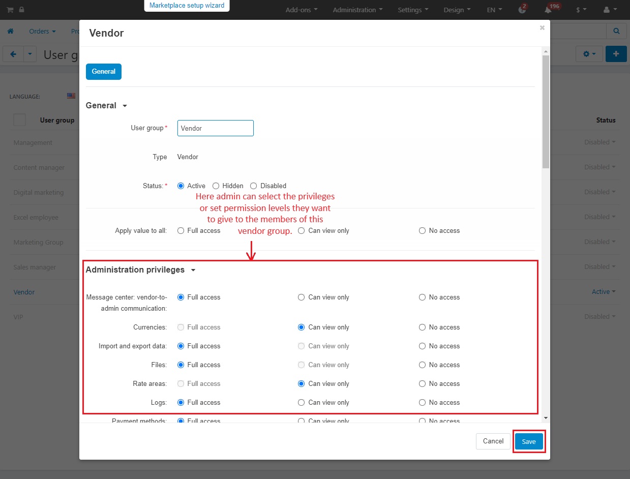 Permission levels page