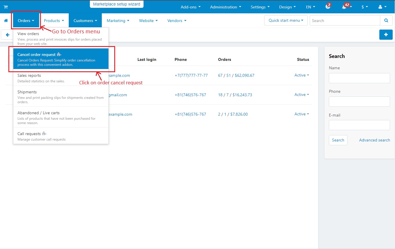 Cancel order request within orders menu