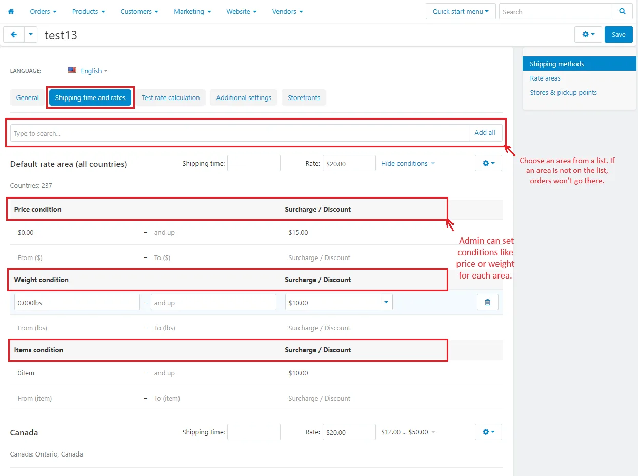 Shipping time and rates tab settings