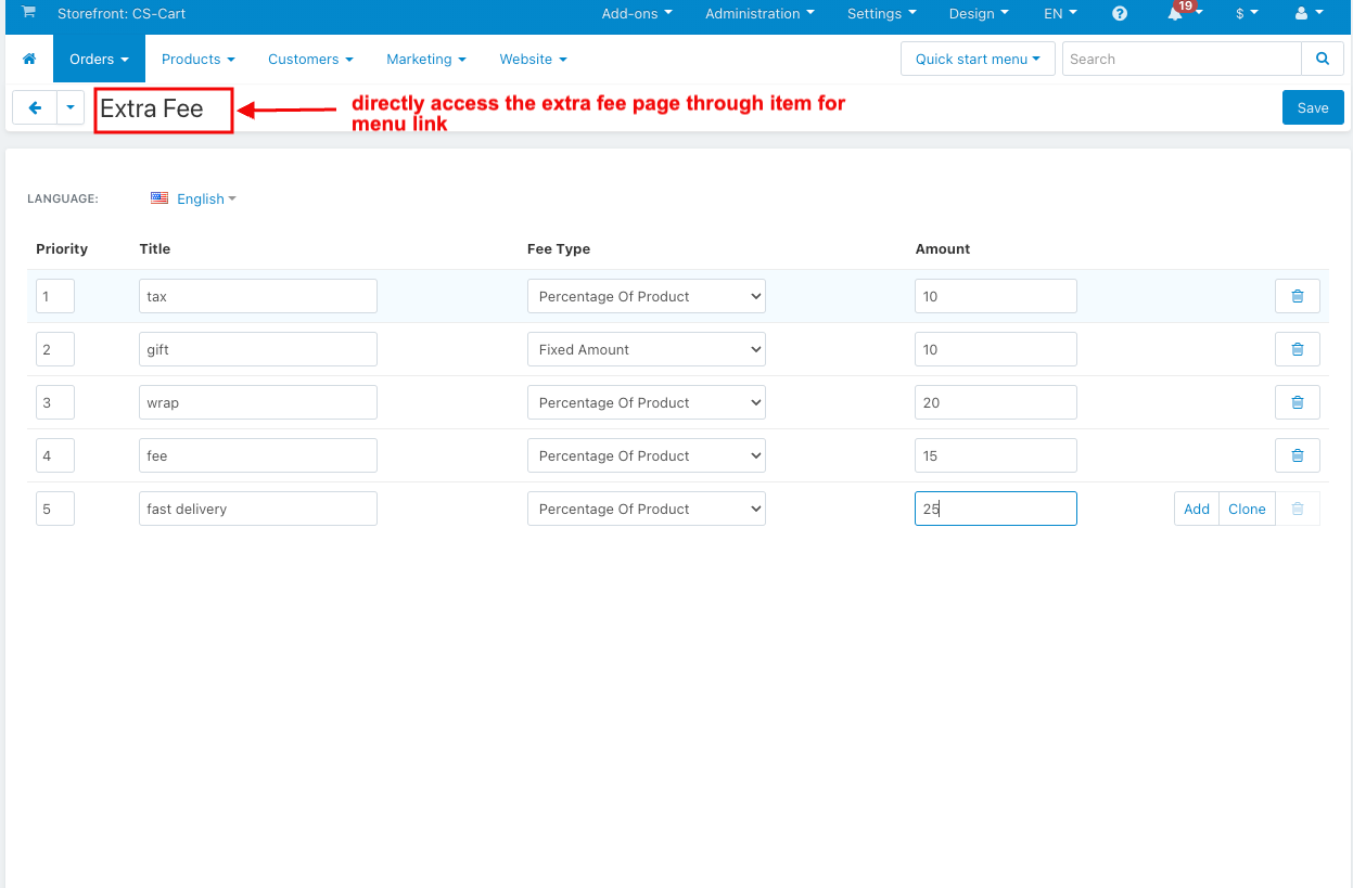 access the extra fee page