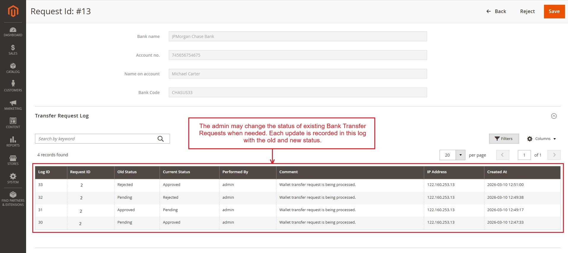 Existing bank transfer requests