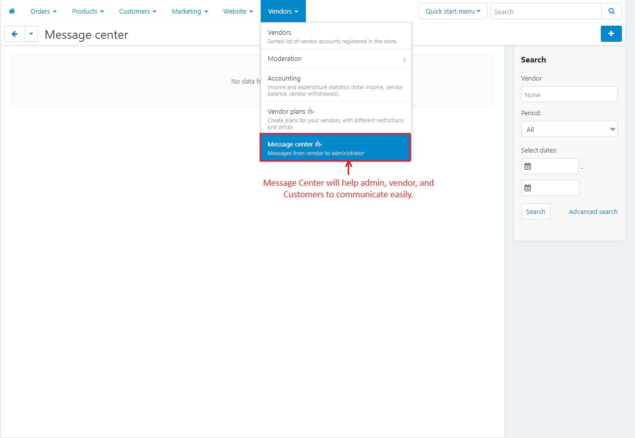 message center within vendors