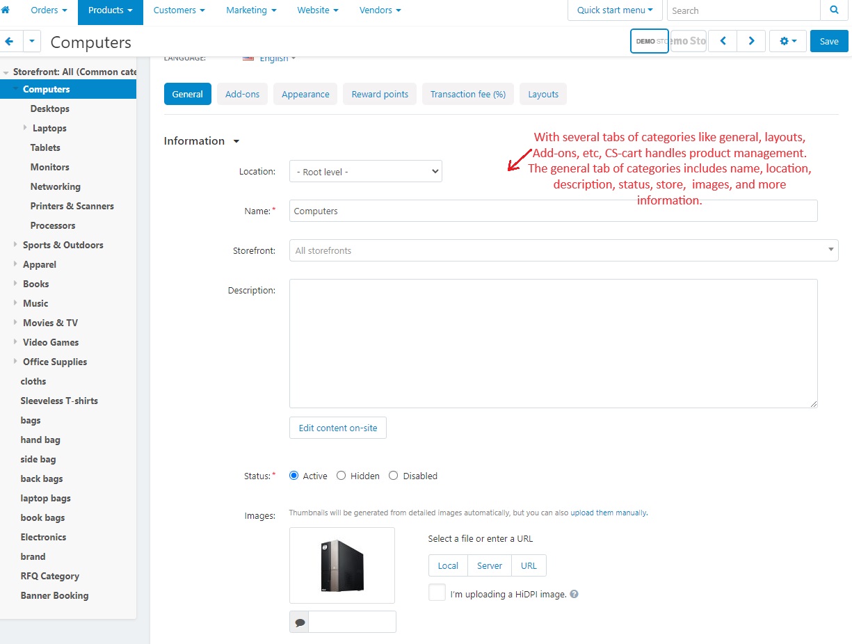 CS-Cart handles product management at this page