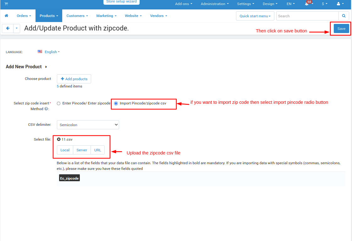 upload CSV file page