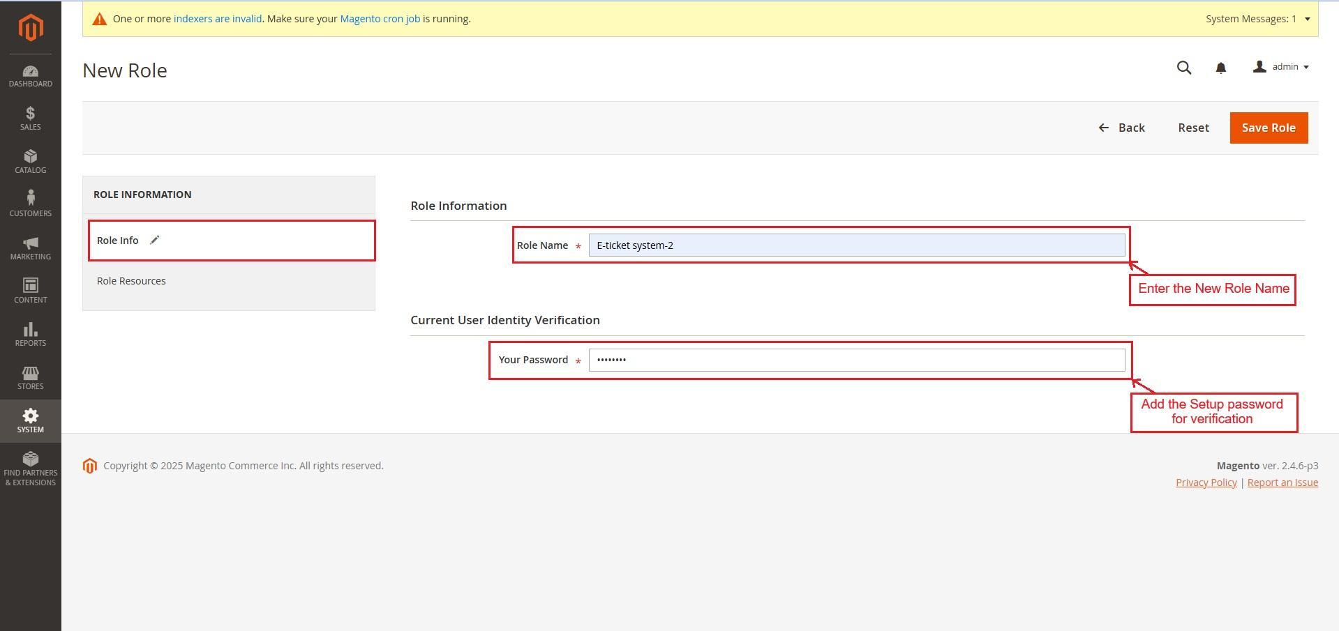 User roles in system menu
