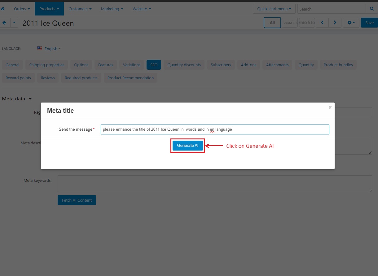 Meta title pop-up window with generate AI button