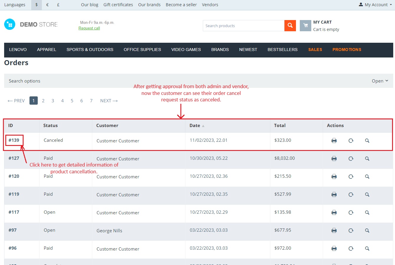 Customer can see changed status as cancel