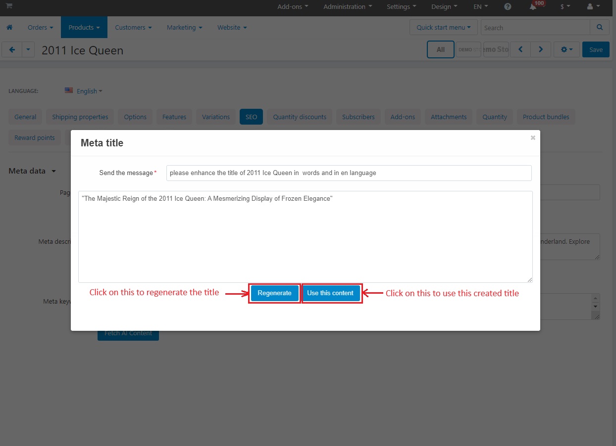 Page with use this content and Regenerate button