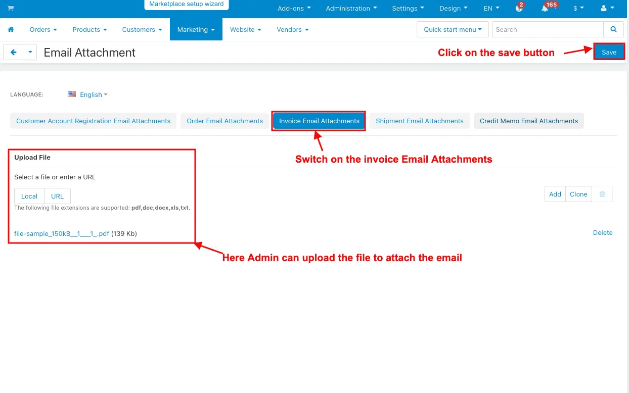 admin can upload the file to attach the email