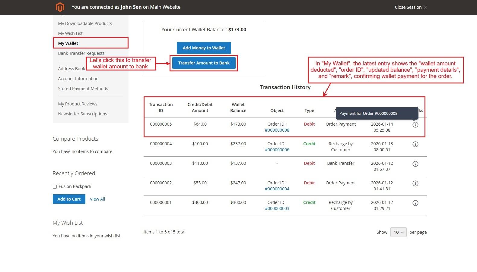 Wallet amount to bank